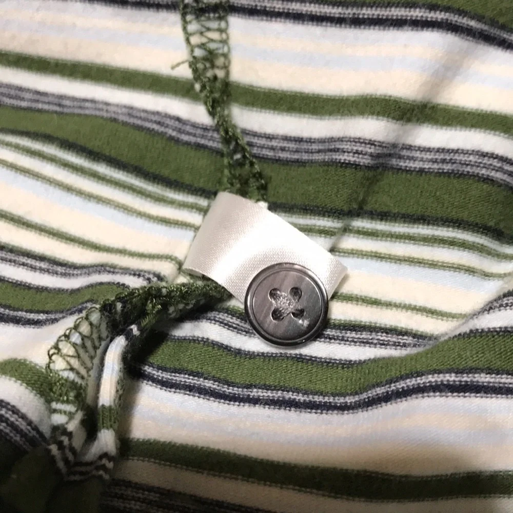 EXPRESS Men’s Green/Cream/Lt Blue/Black Striped Short Sleeve 3-Button Polo—Sz L